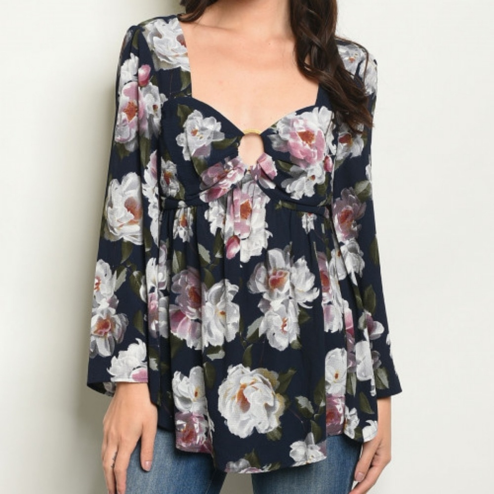 ENTRO Navy Floral Babydoll Top